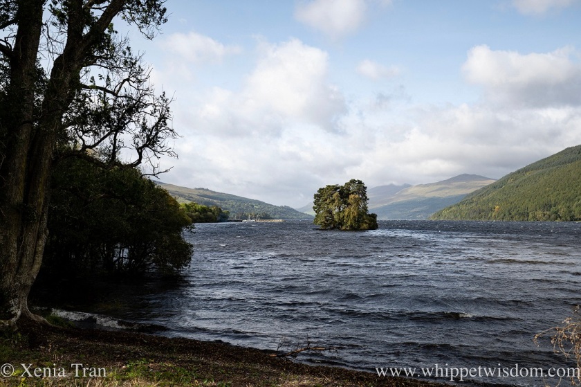 the Isle of Spar in Loch Tay seen from the eastern shore in autumn